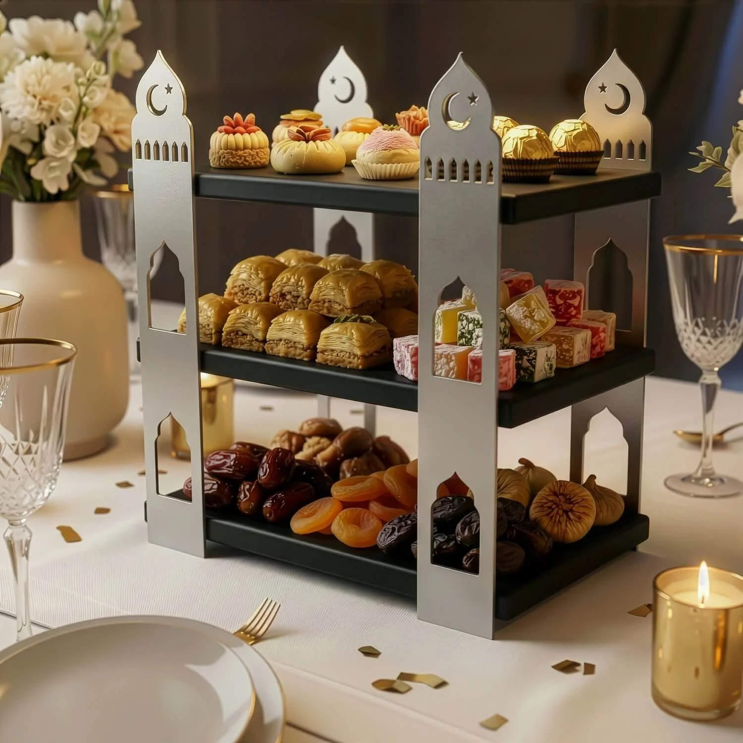 3-Tier Mosque Serving Stand – Metal & Wood Ramadan Dessert Tower - Image 11