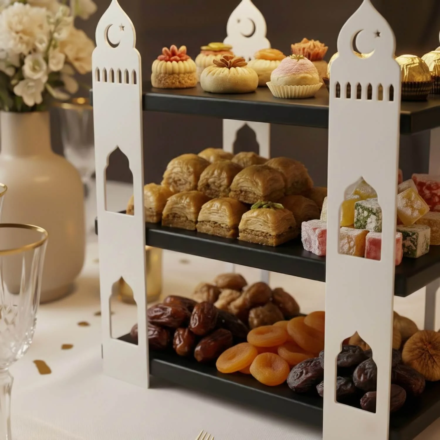 3-Tier Mosque Serving Stand – Metal & Wood Ramadan Dessert Tower - Image 14