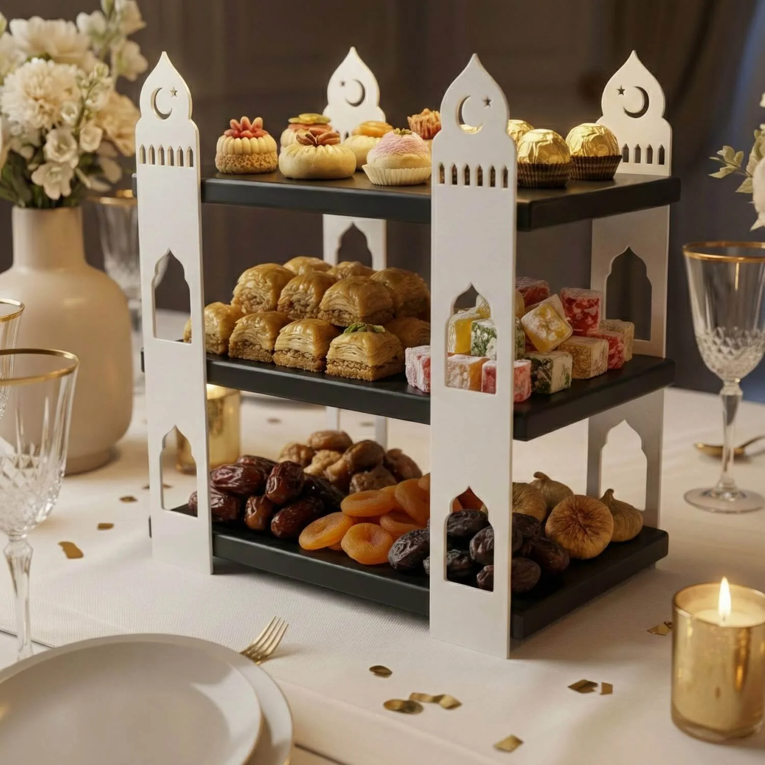 3-Tier Mosque Serving Stand – Metal & Wood Ramadan Dessert Tower - Image 16