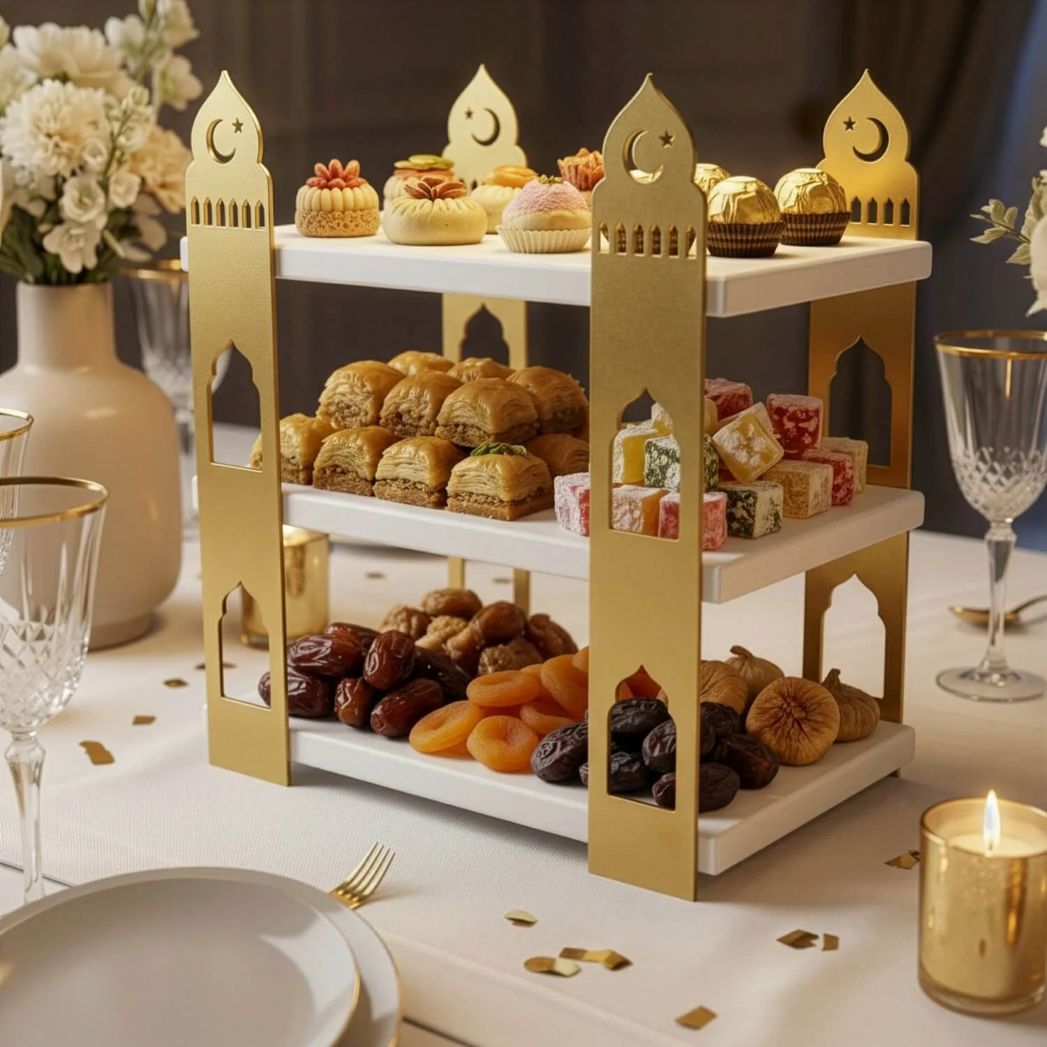 3-Tier Mosque Serving Stand – Metal & Wood Ramadan Dessert Tower - Image 19