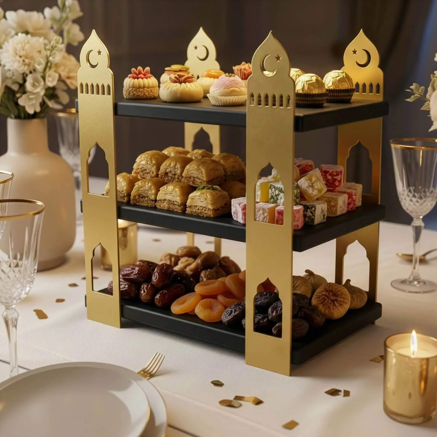 3-Tier Mosque Serving Stand – Metal & Wood Ramadan Dessert Tower - Image 21