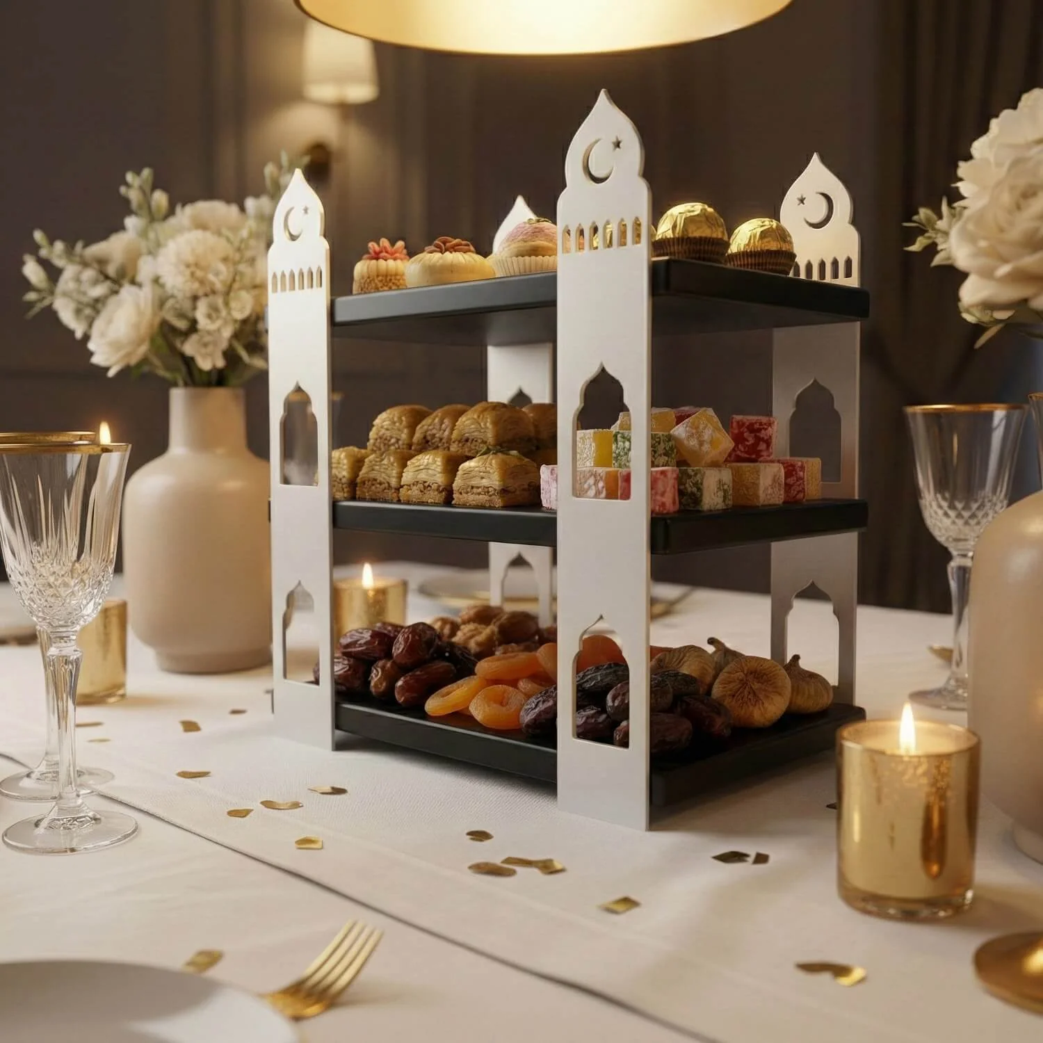 3-Tier Mosque Serving Stand – Metal & Wood Ramadan Dessert Tower - Image 22