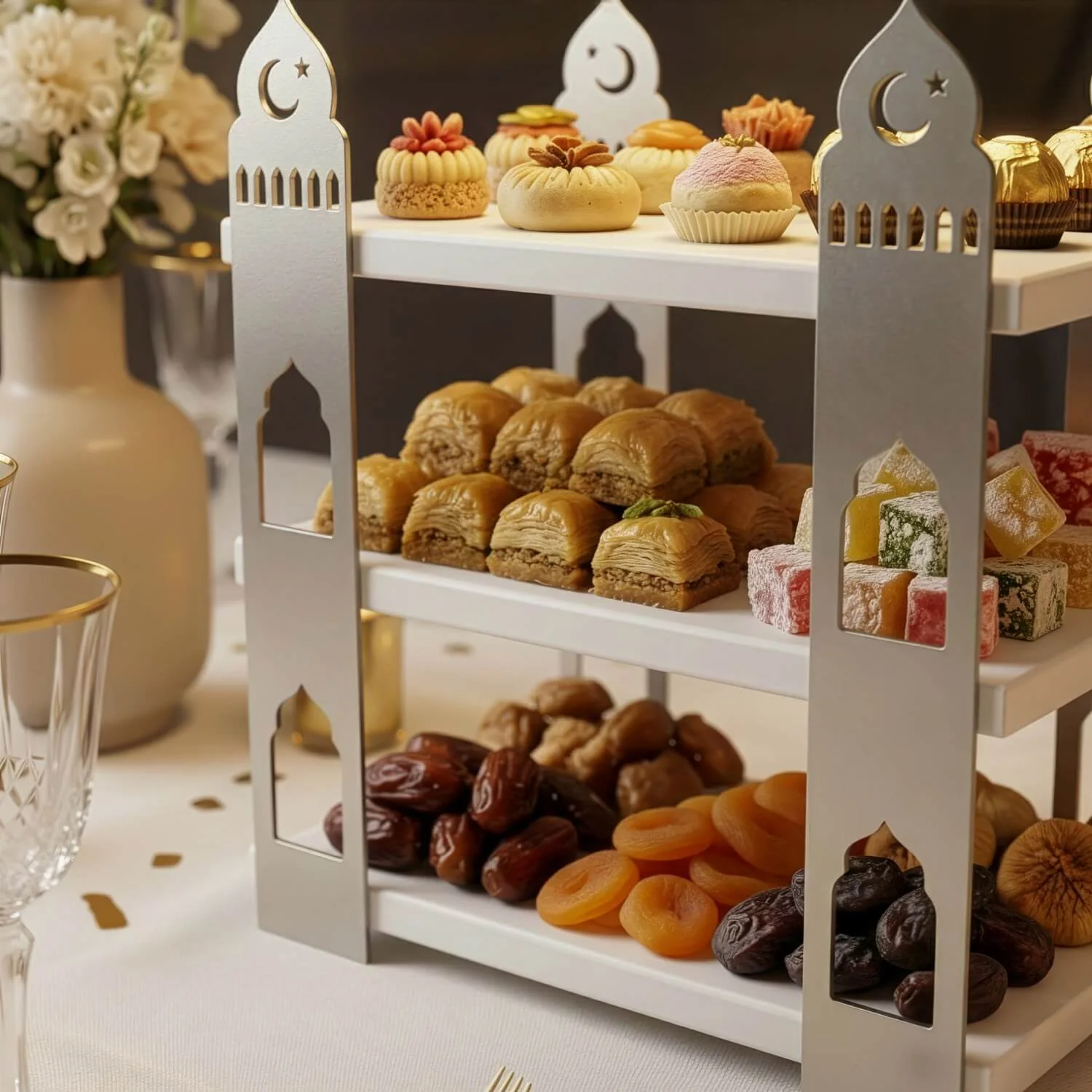 3-Tier Mosque Serving Stand – Metal & Wood Ramadan Dessert Tower - Image 24