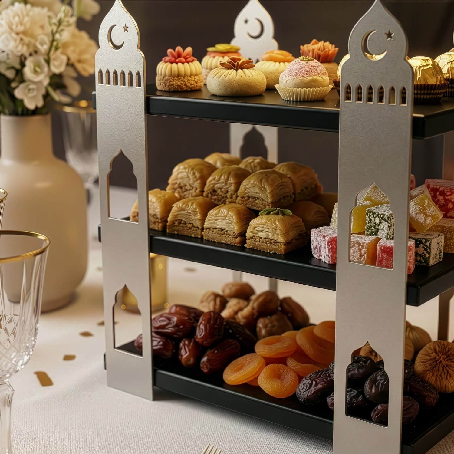 3-Tier Mosque Serving Stand – Metal & Wood Ramadan Dessert Tower - Image 27