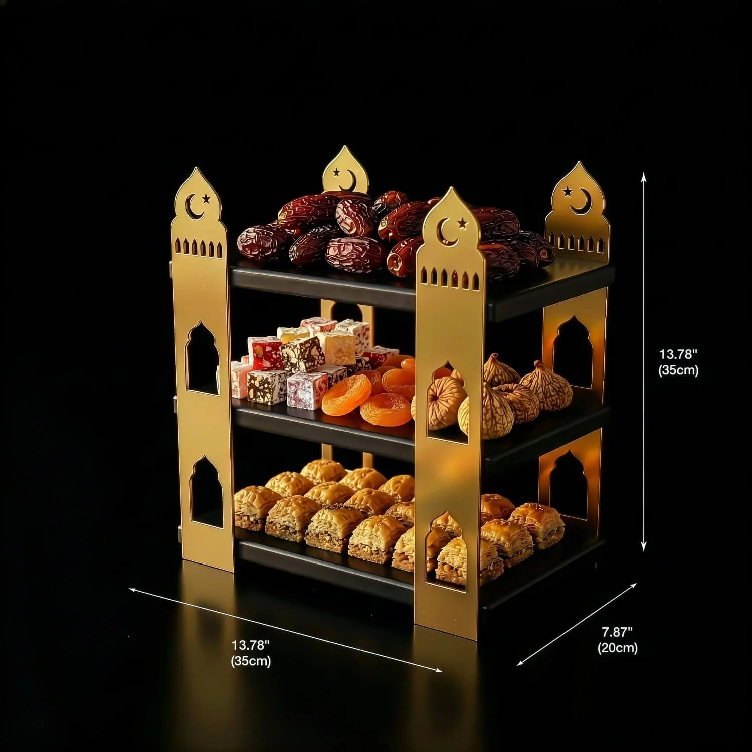 3-Tier Mosque Serving Stand – Metal & Wood Ramadan Dessert Tower - Image 3