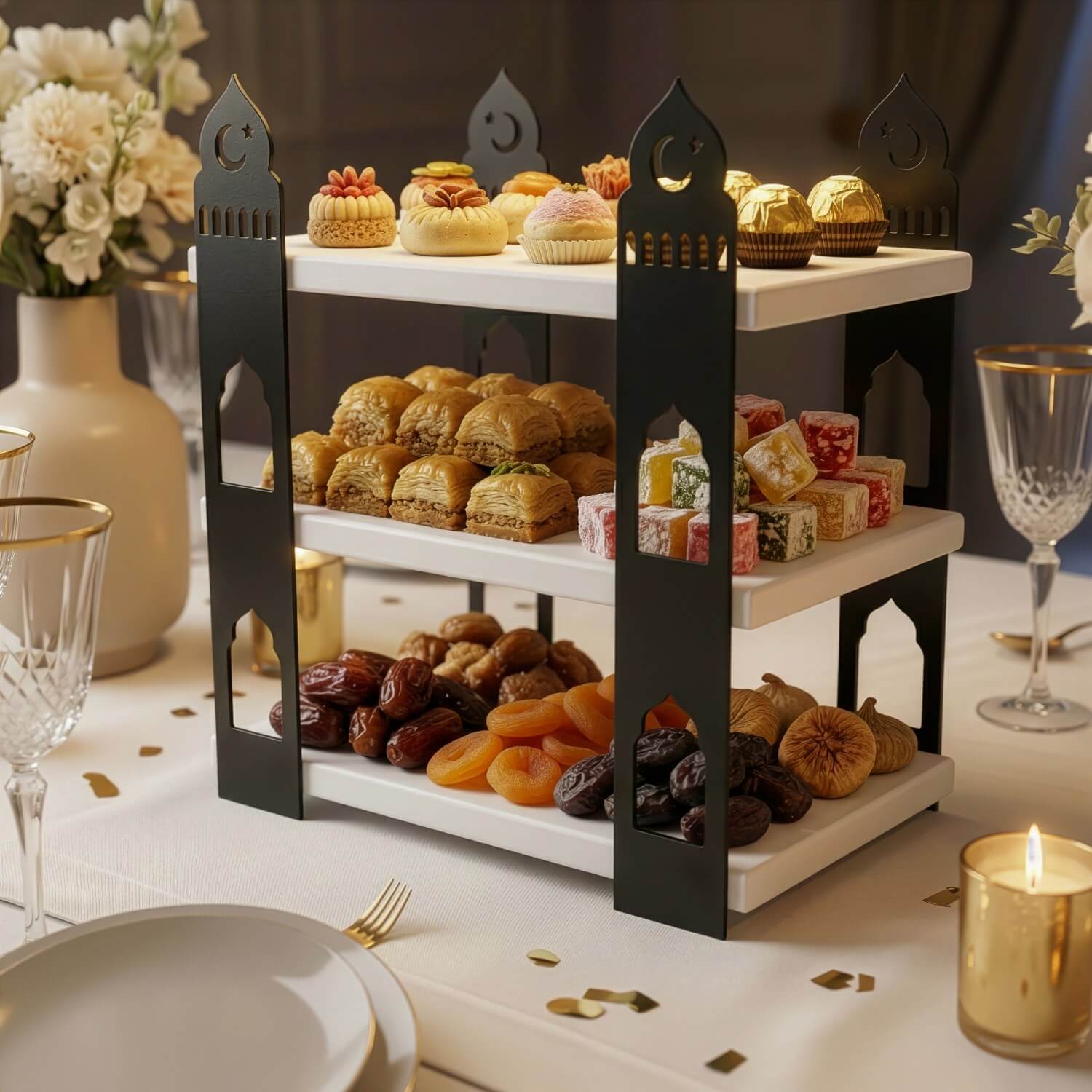 3-Tier Mosque Serving Stand – Metal & Wood Ramadan Dessert Tower - Image 30