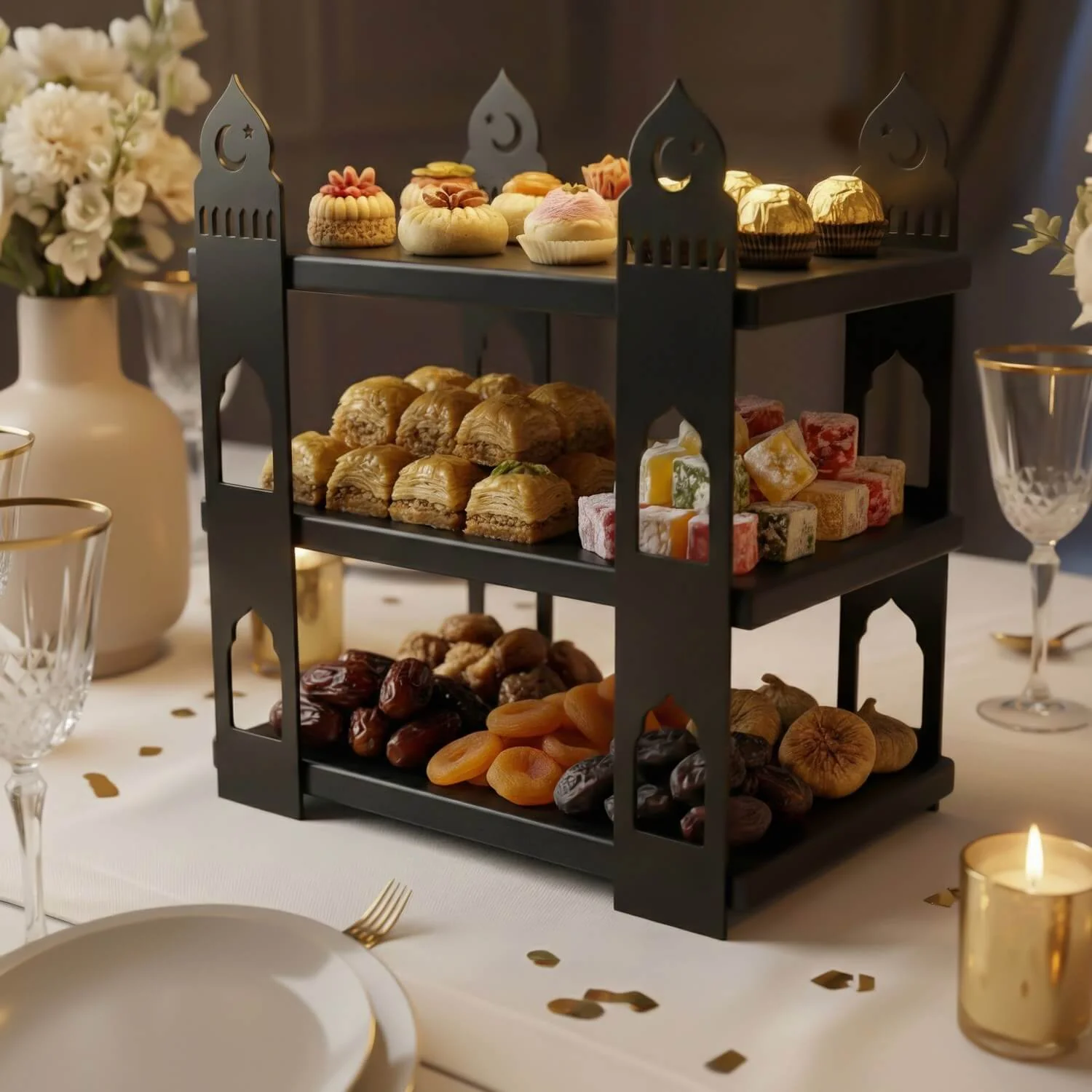 3-Tier Mosque Serving Stand – Metal & Wood Ramadan Dessert Tower - Image 33