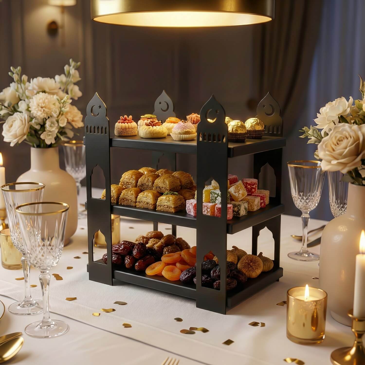 3-Tier Mosque Serving Stand – Metal & Wood Ramadan Dessert Tower - Image 4