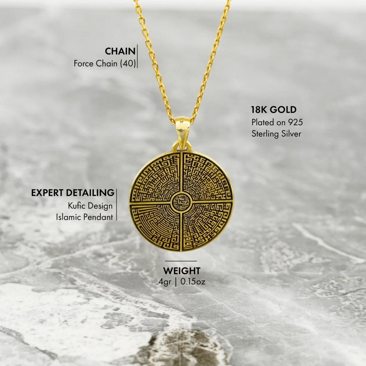 Muslim Jewelry - 4 Qul Surah, Kufic Calligraphy | 18K Gold Plated Silver Islamic Pendant - Image 7