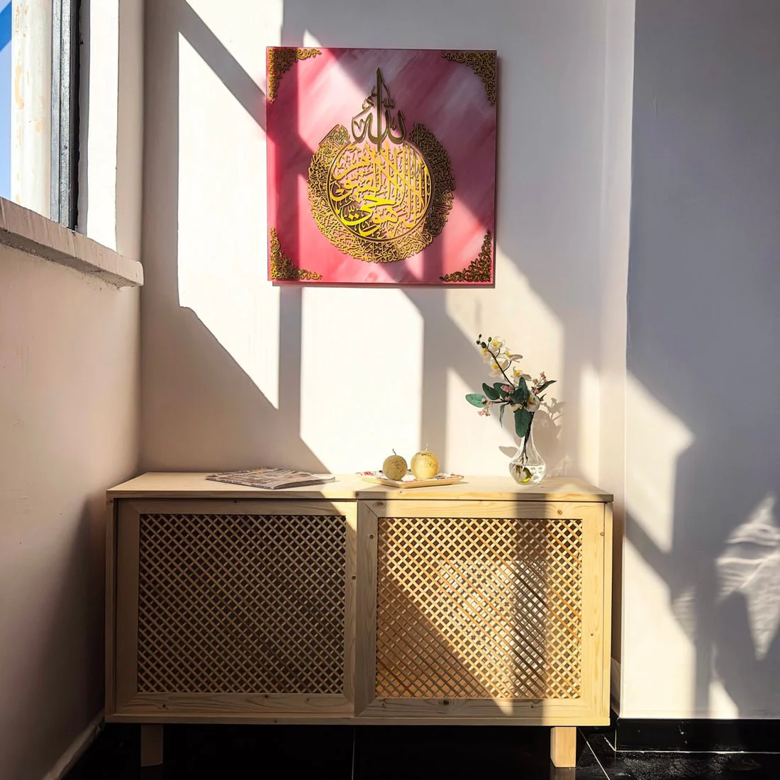 Ayatul Kursi Arabic Calligraphy - Islamic Wall Art | Tempered Glass Decor, Pink&Gold - Image 15