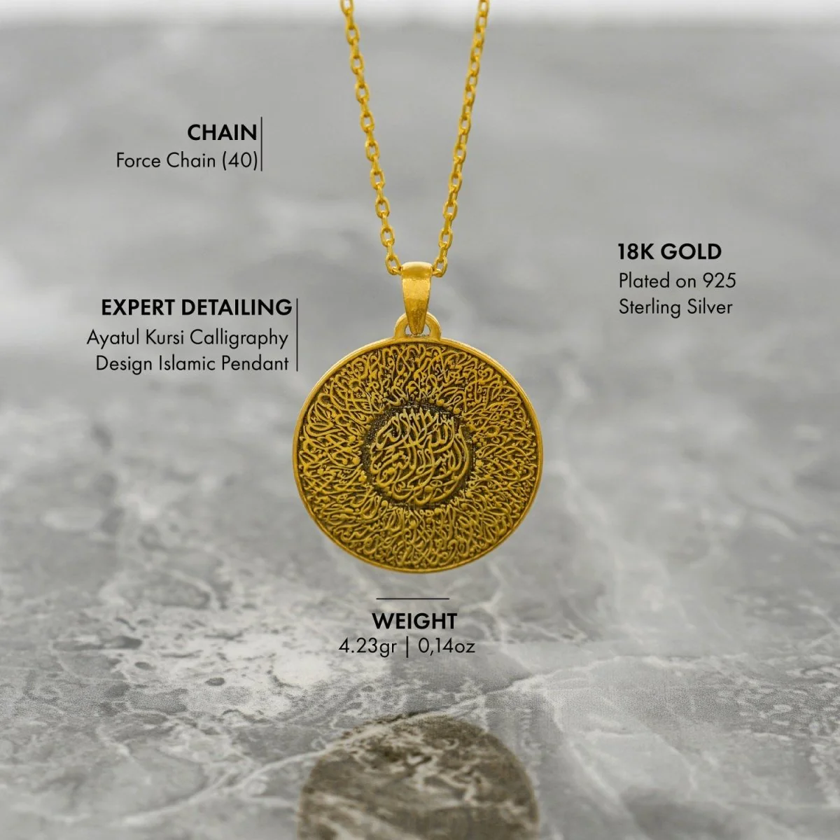 Ayatul Kursi Necklace - Islamic Calligraphy 18K Gold Plated Silver Pendant - Image 5