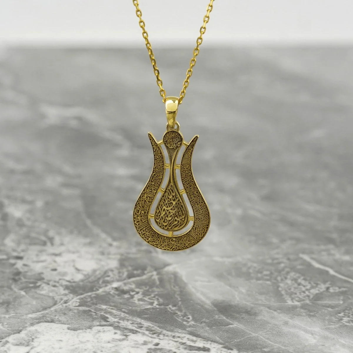 Ayatul Kursi Islamic Jewelry | Tulip Shaped Design - 18K Gold Plated Silver Muslim Pendant - Image 3