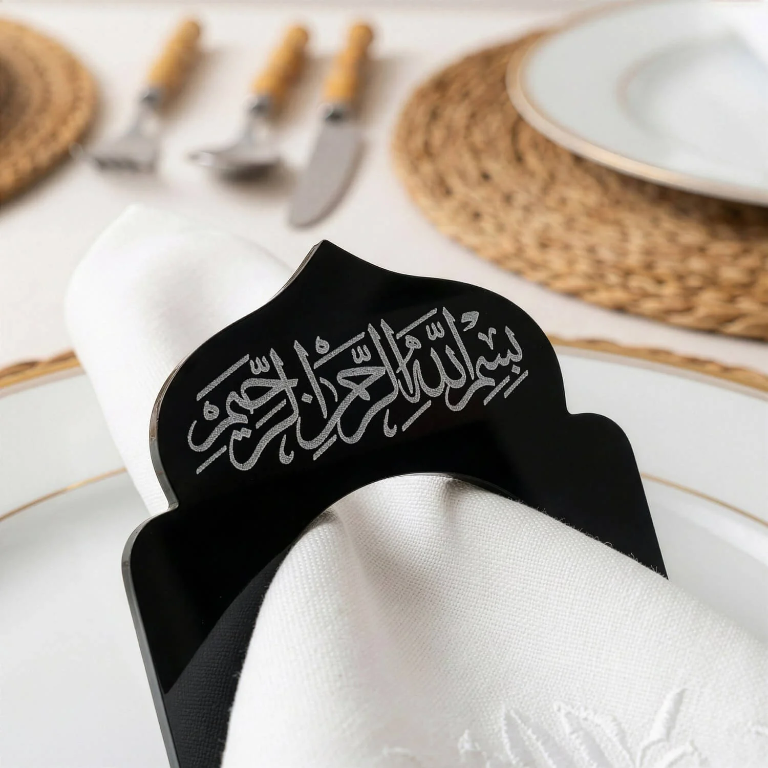 Basmala Dome Acrylic Napkin Rings – Thuluth Script Islamic Table Decor - Image 5