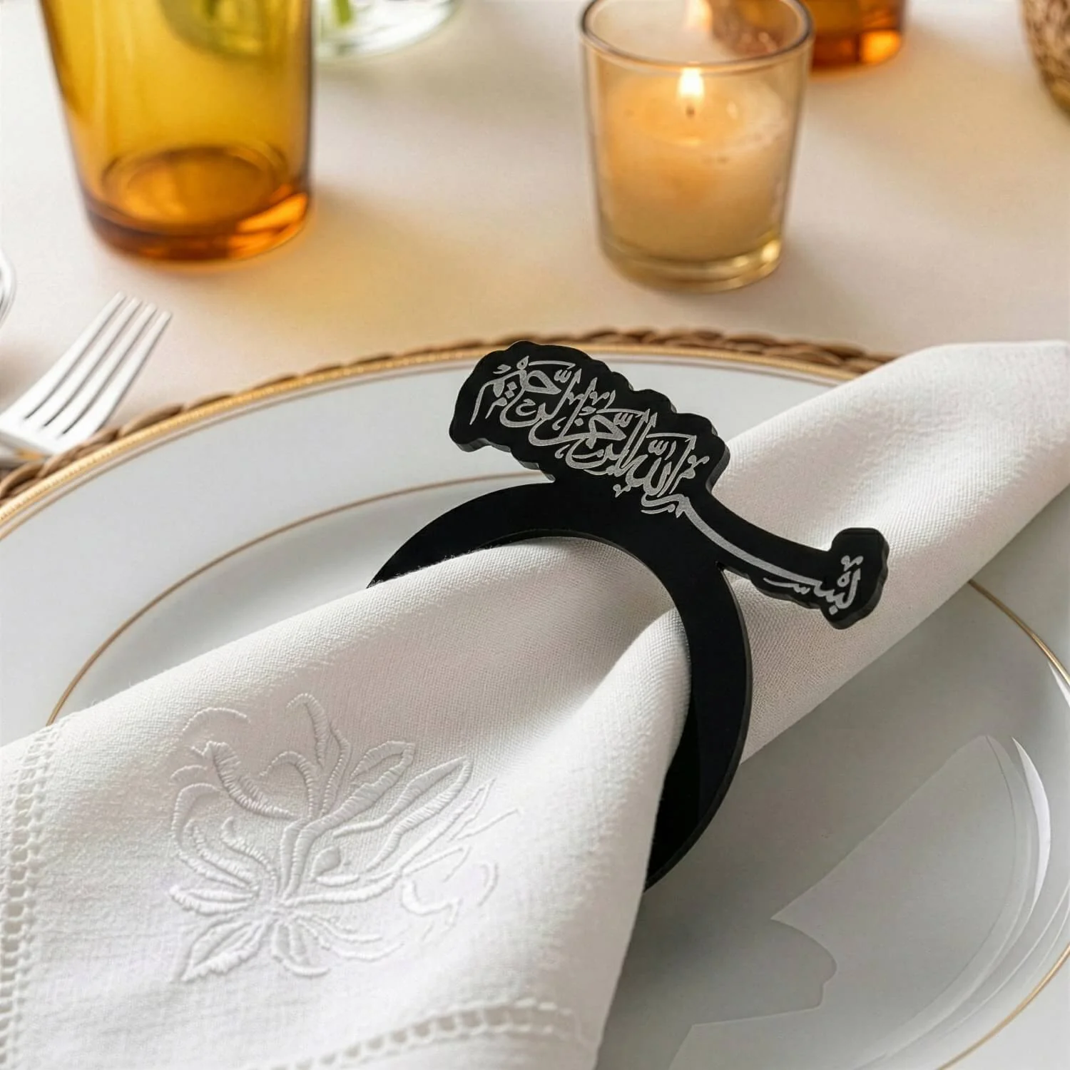Basmala Thuluth Script Acrylic Napkin Rings – Islamic Table Decor - Image 2