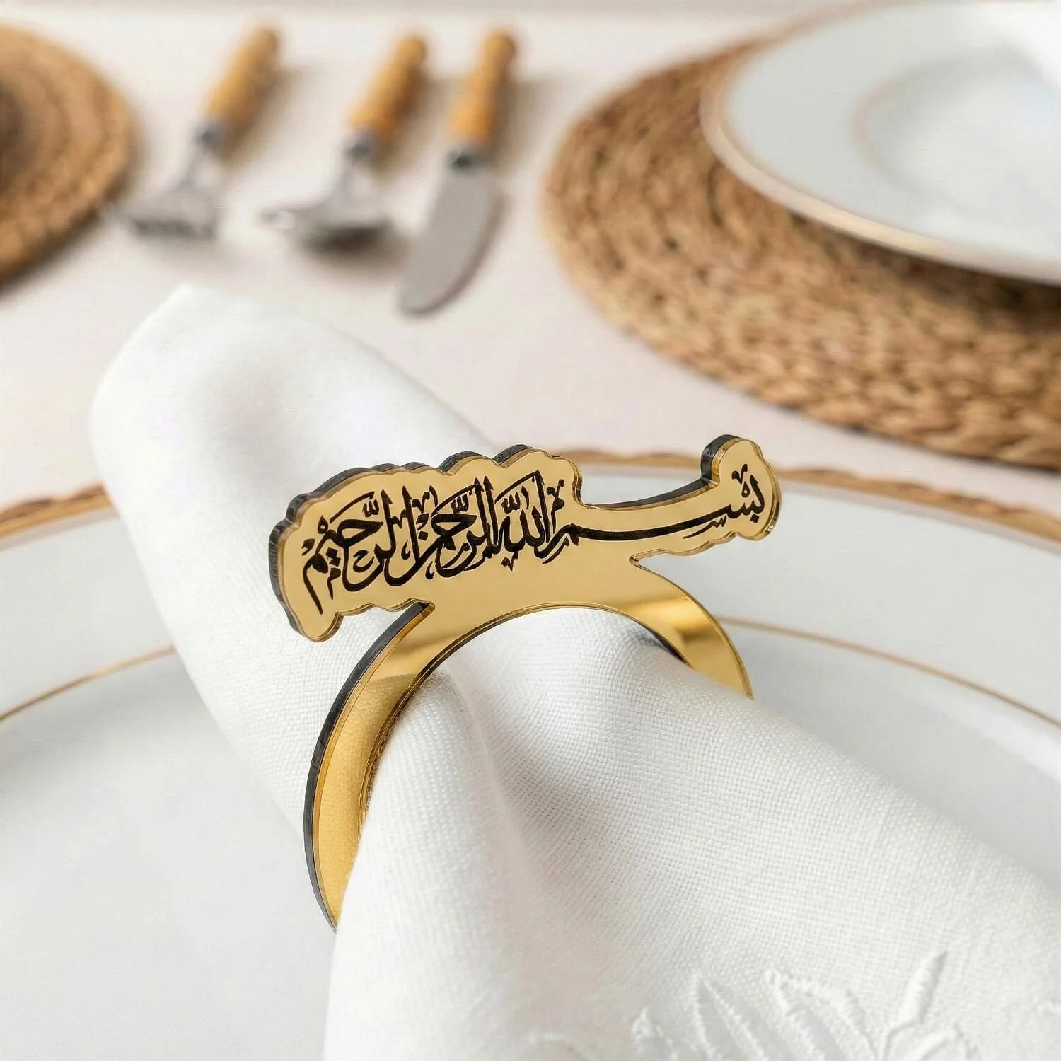 Basmala Thuluth Script Acrylic Napkin Rings – Islamic Table Decor - Image 4