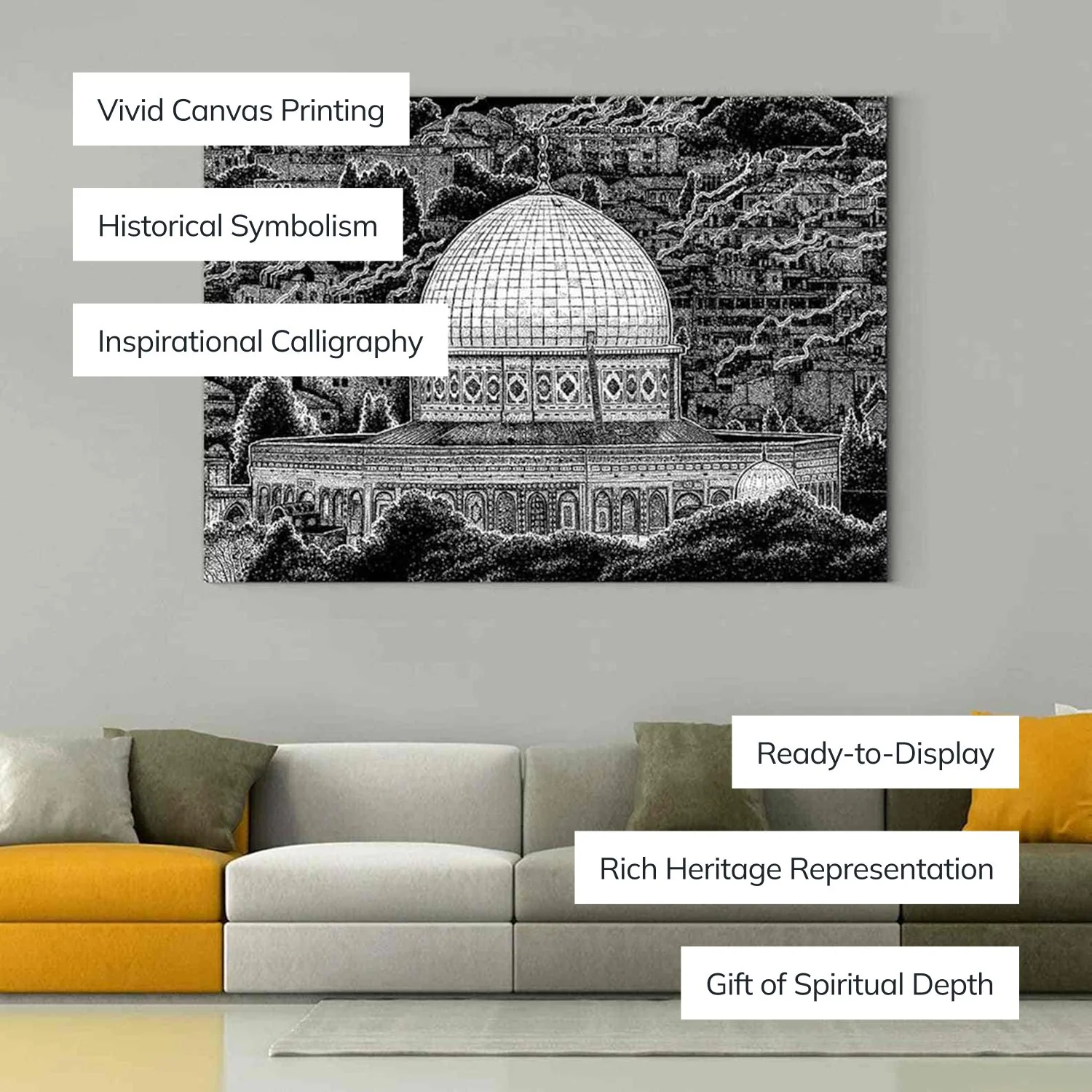 The Dome of the Rock Sketch - Masjid Al Aqsa Islamic Canvas Art - Image 2