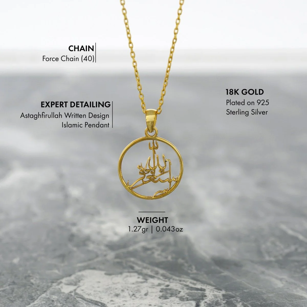 Islamic Necklace - Astaghfirullah 18K Gold Plated Silver Pendant - Image 6