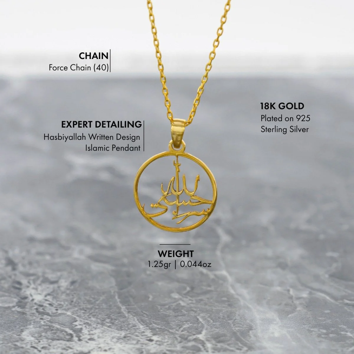 Islamic Necklace - Hasbiyallah Written 18K Gold Plated Silver Pendant - Image 4