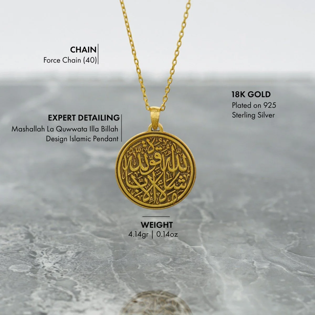 Islamic Necklace - Mashallah La Quwwata Illa Billah 18K Gold Plated Silver Pendant - Image 5