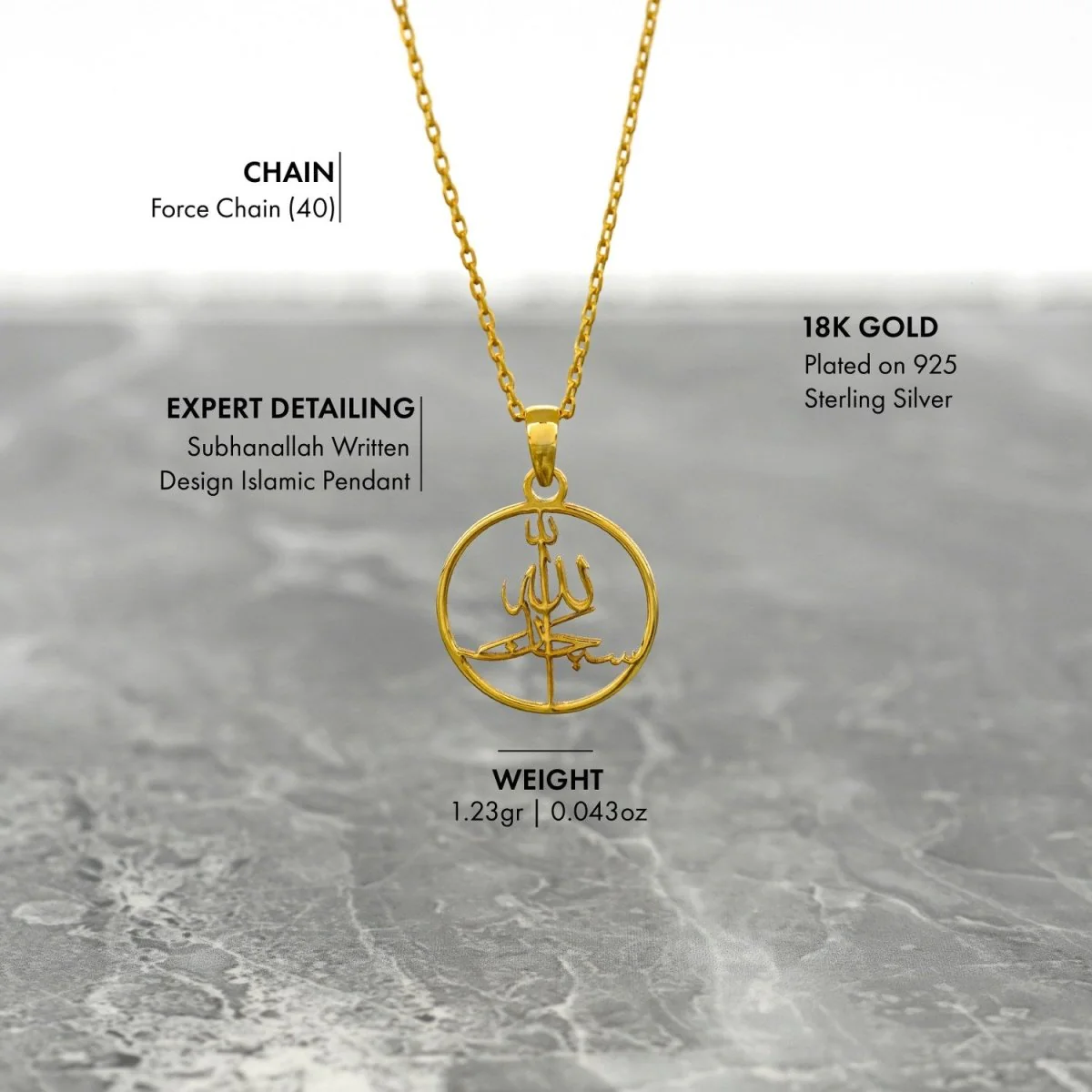 Islamic Necklace - Subhanallah Written 18K Gold Plated Silver Pendant - Image 5