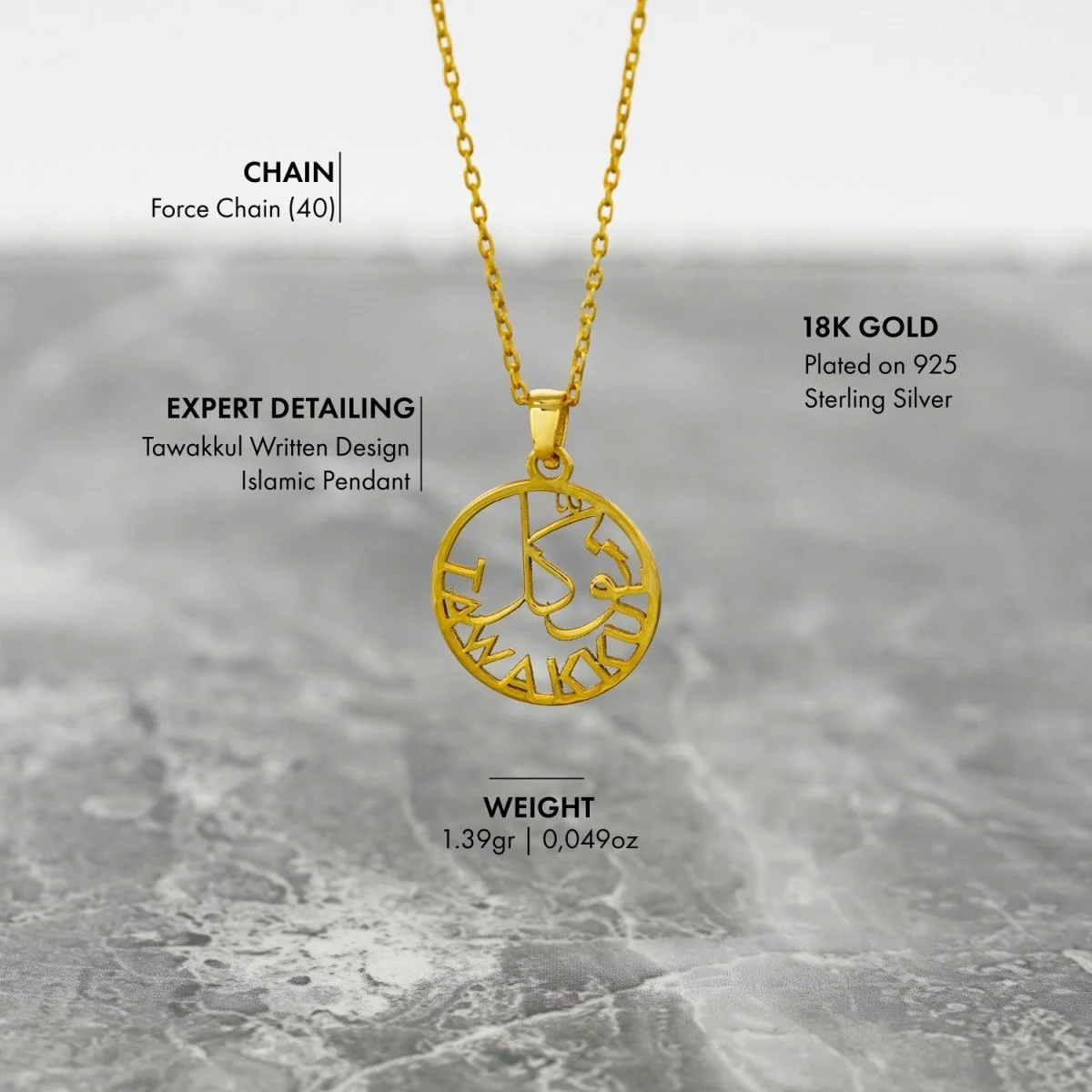 Islamic Necklace - Tawakkul Written 18K Gold Plated Silver Pendant - Image 5