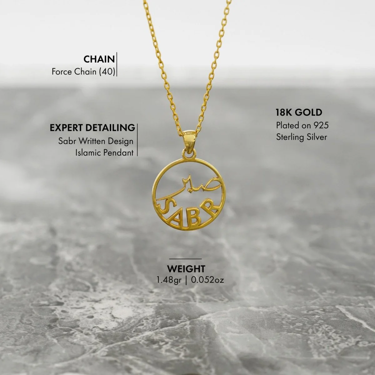 Islamic Pendant Necklace - Sabr Written 18K Gold Plated Silver Pendant - Image 5