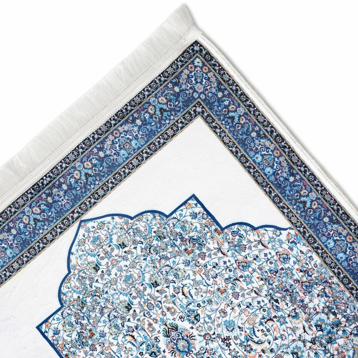 Islamic Prayer Mat White & Blue Classic Ornate - Image 5