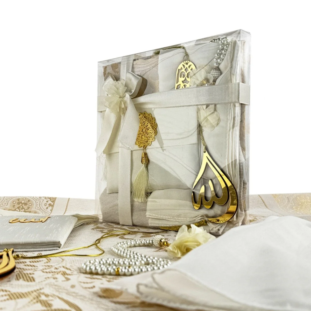 Islamic Prayer Rug Mat, Cream Color Prayer Set - Image 11