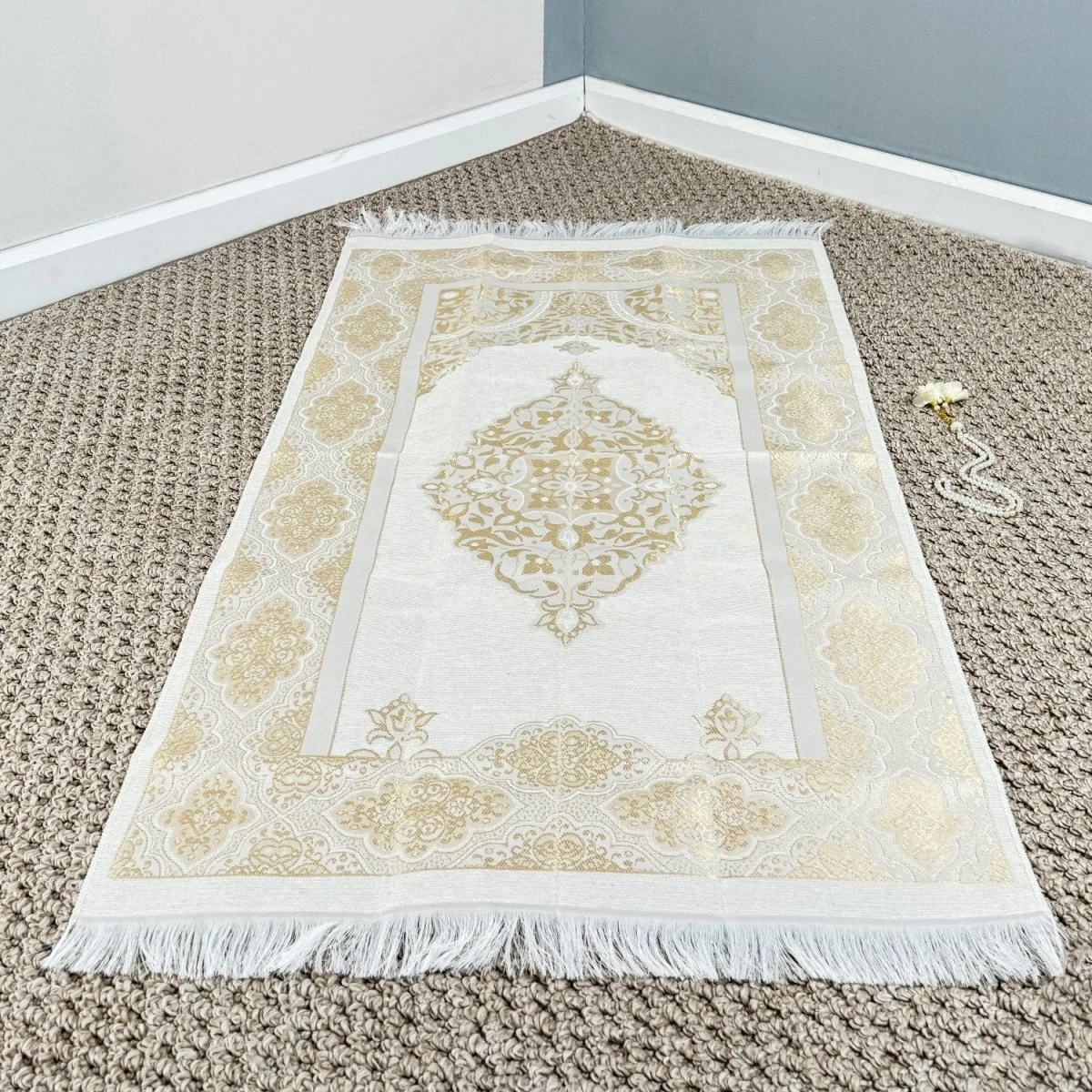 Islamic Prayer Rug Mat, Cream Color Prayer Set - Image 4