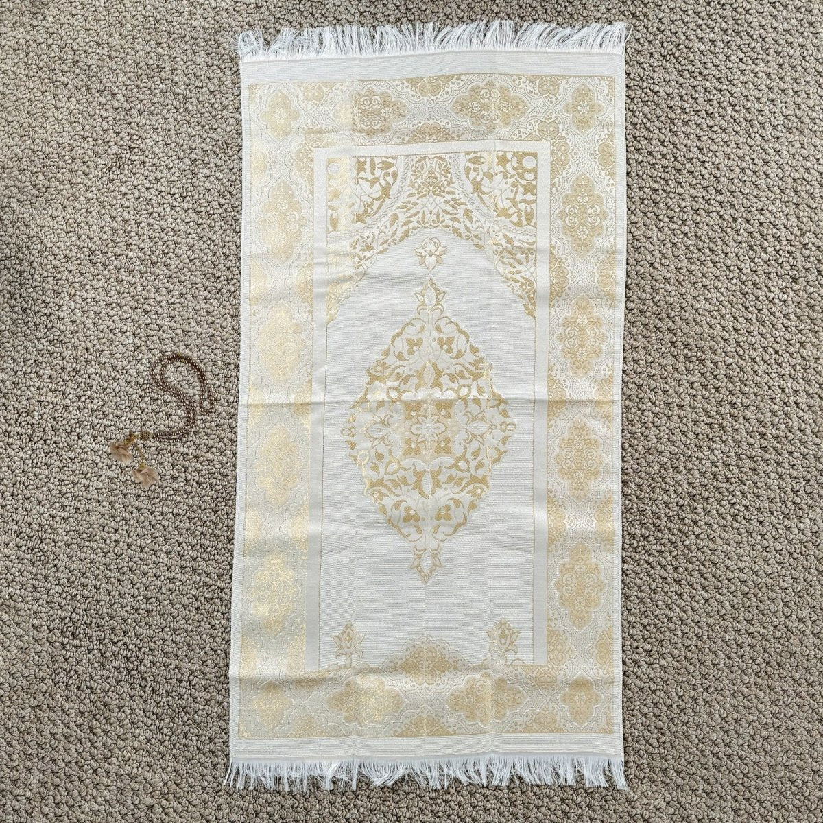 Islamic Prayer Rug Mat, Cream Color Prayer Set - Image 5