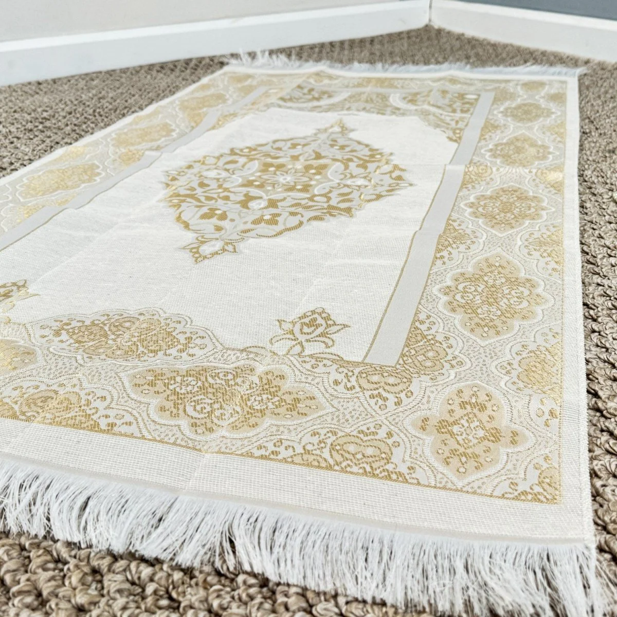 Islamic Prayer Rug Mat, Cream Color Prayer Set - Image 7