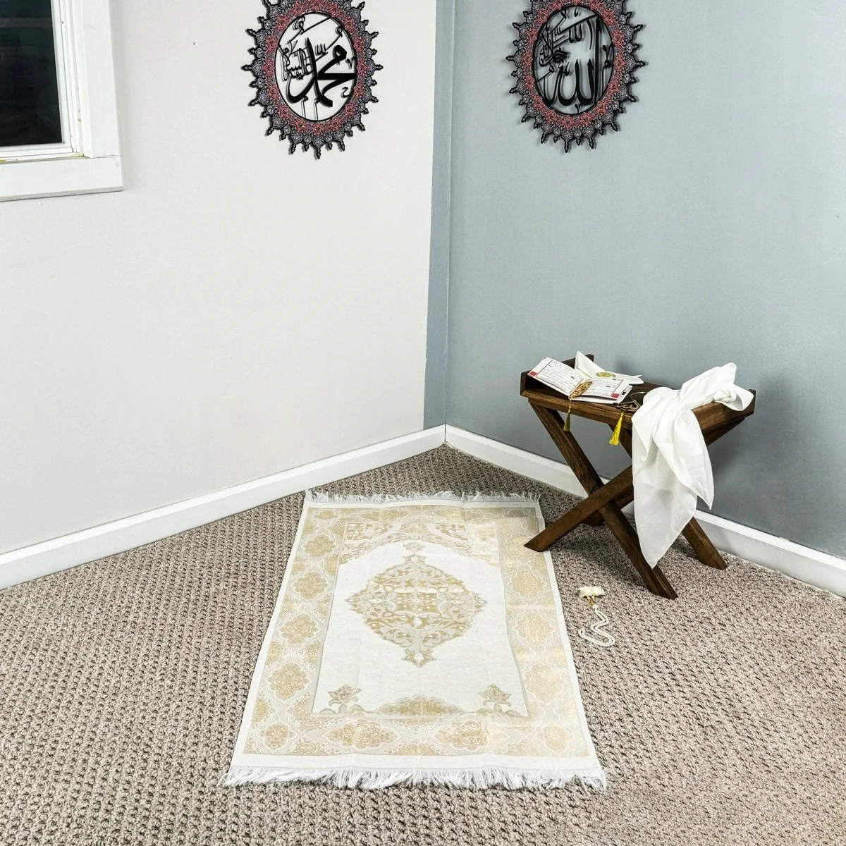 Islamic Prayer Rug Mat, Cream Color Prayer Set - Image 8