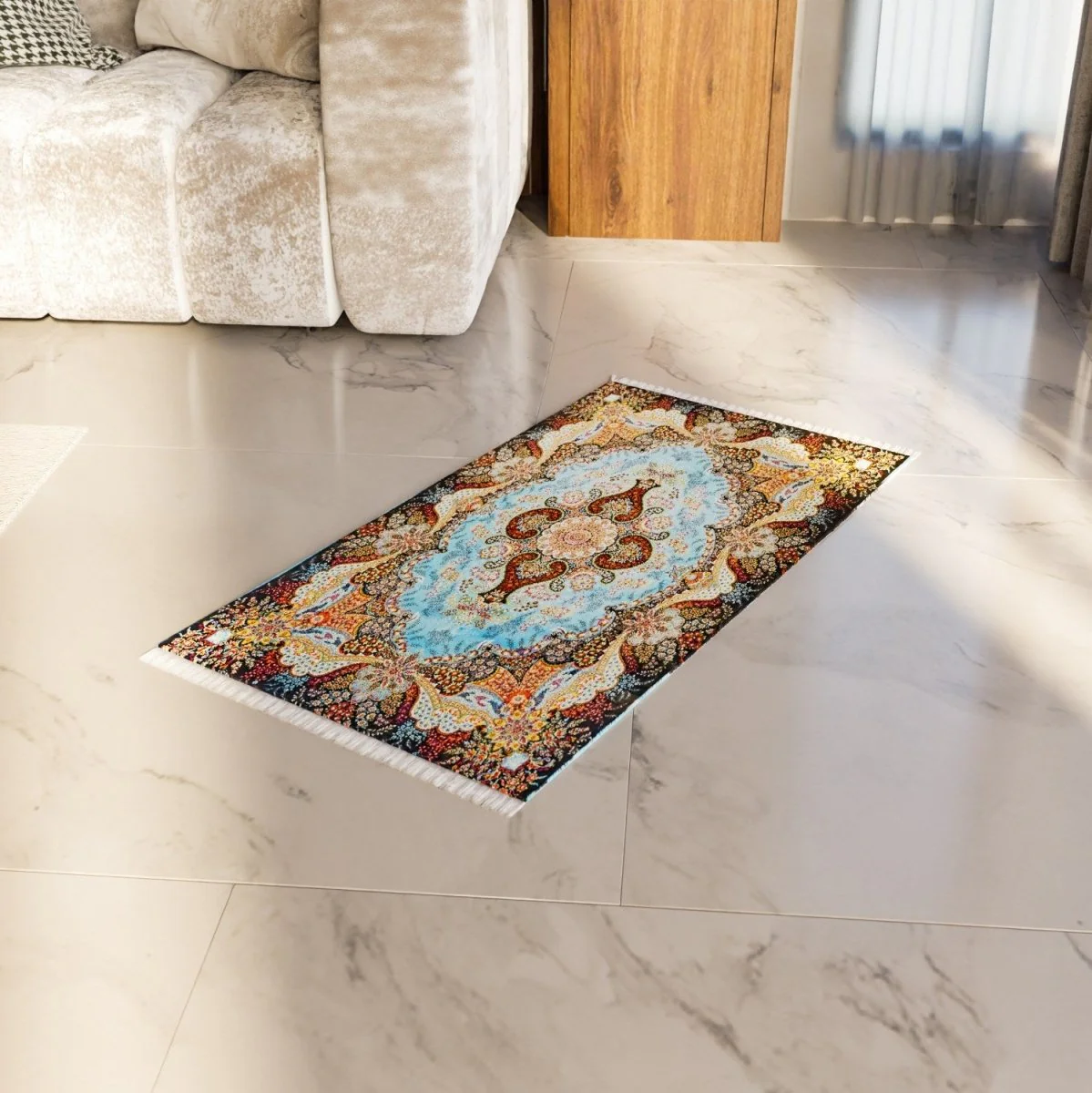 Islamic Prayer Rug - Blue & Beige Floral Motifs Janamaz - Image 3