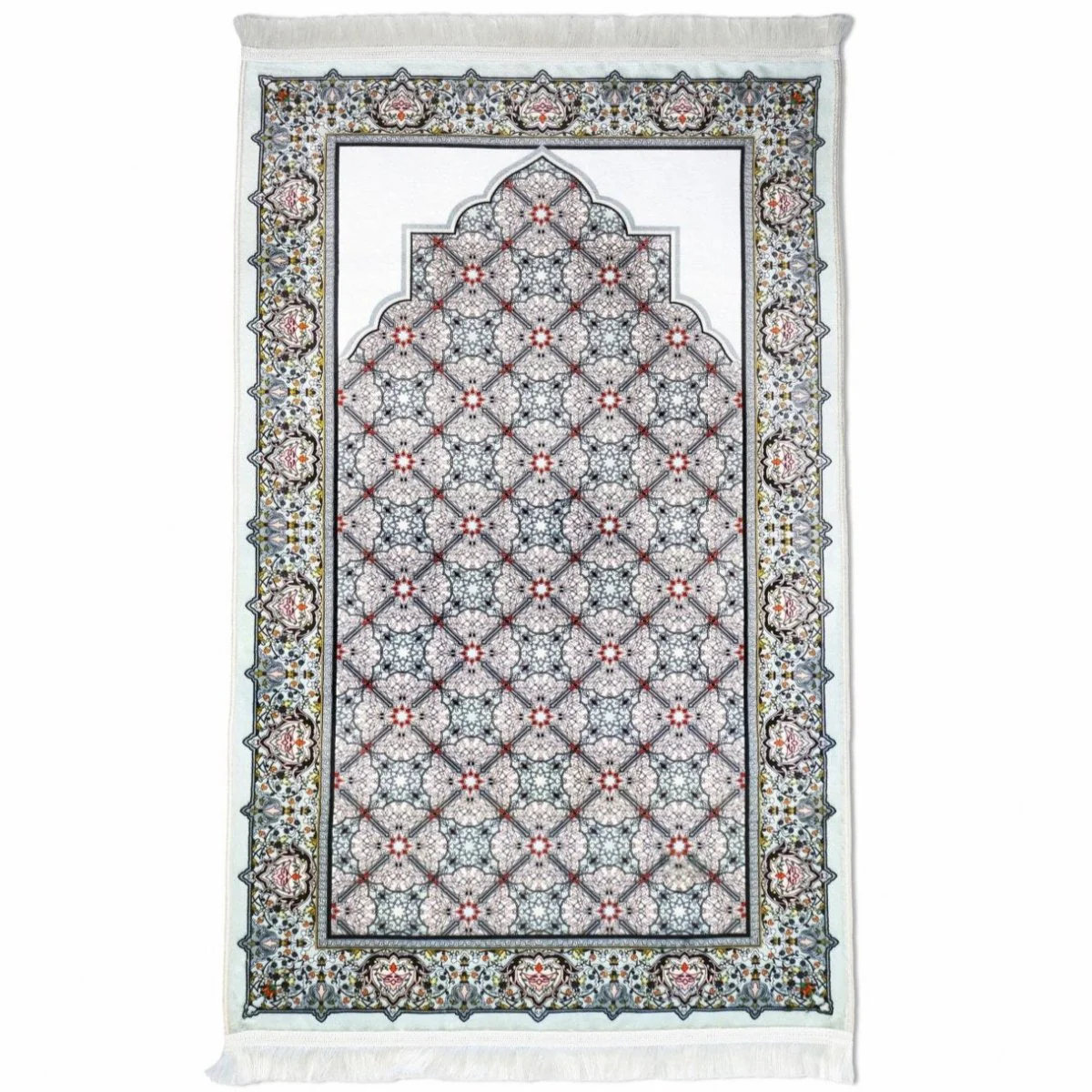 Islamic Prayer Rug - Gray & Red Geometric Patterns