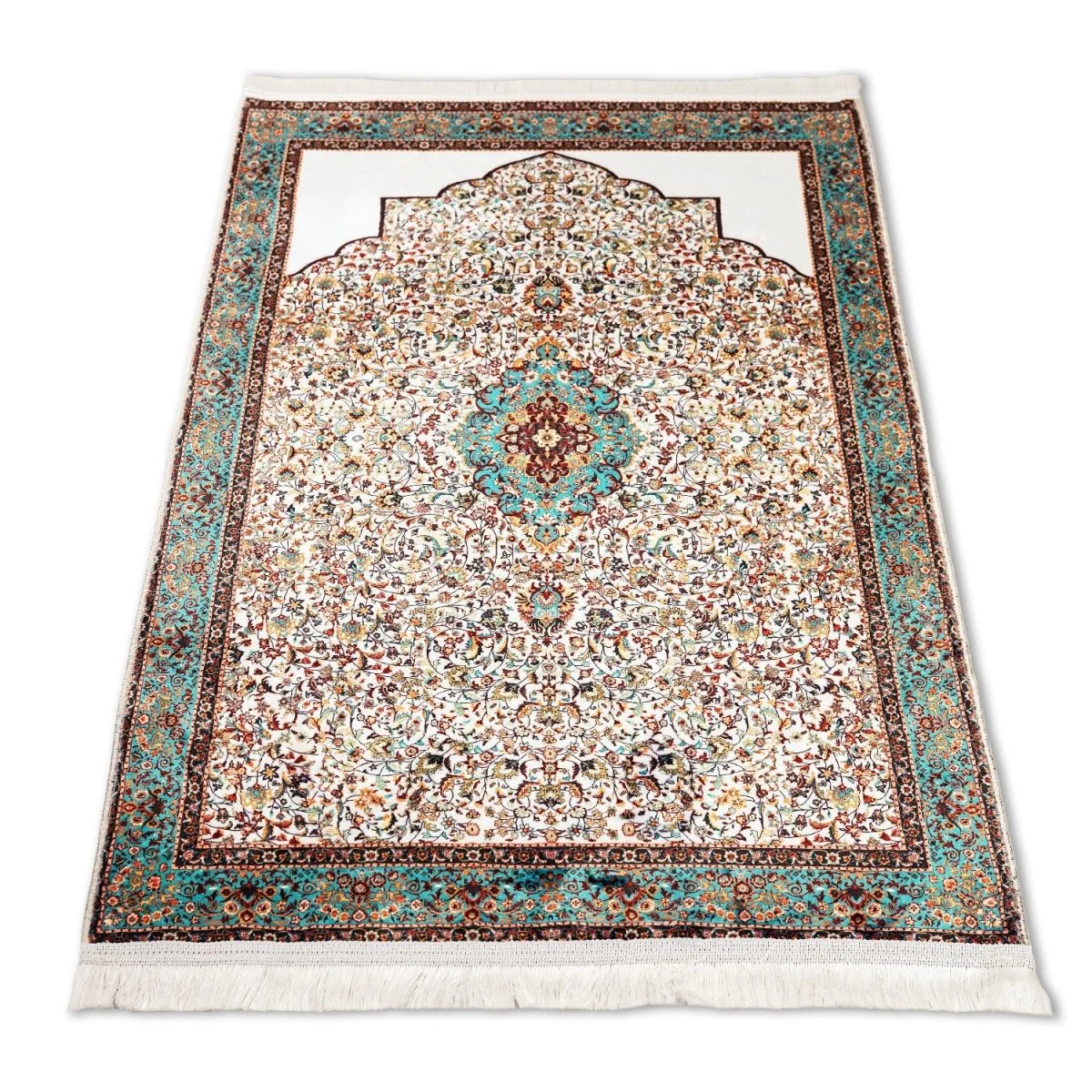 Islamic Prayer Rugs - Aqua & Beige Ornate Design - Image 3