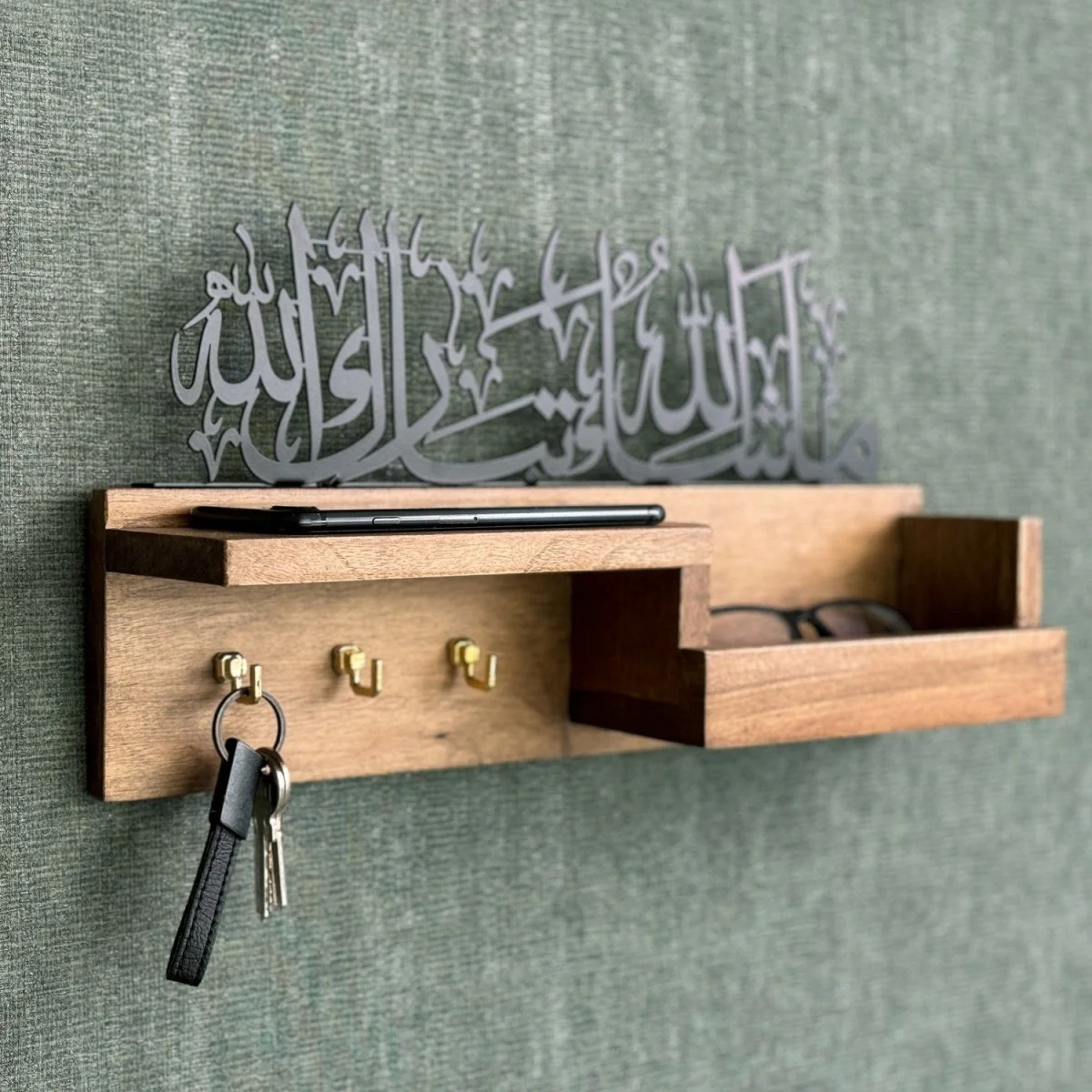 Islamic Key Holder & Mail Shelf | Mashallah Tabarakallah - Wooden Wall Decor - Image 4