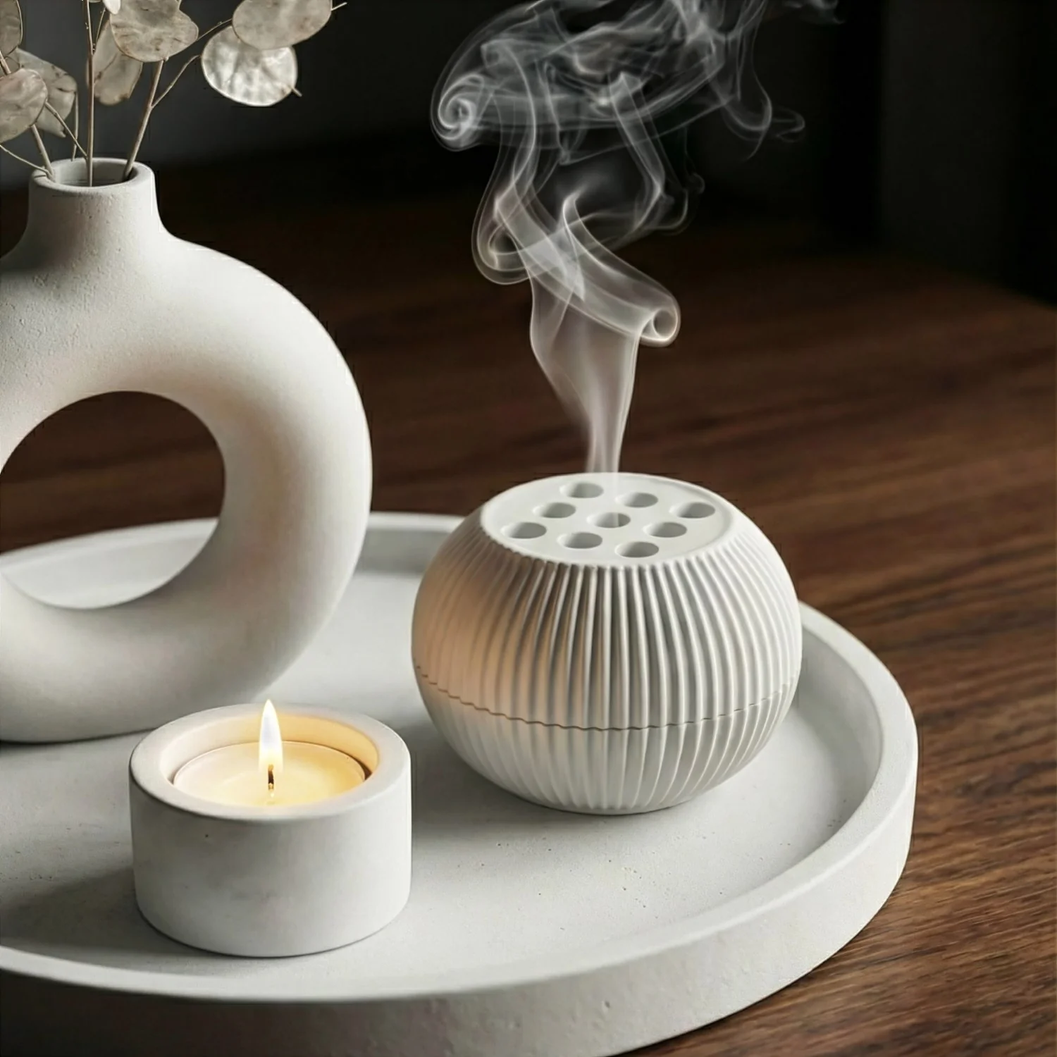 Modern Minimalist 2-Piece Stone Incense Burner – Closable Geometric Mabkhara - Image 2