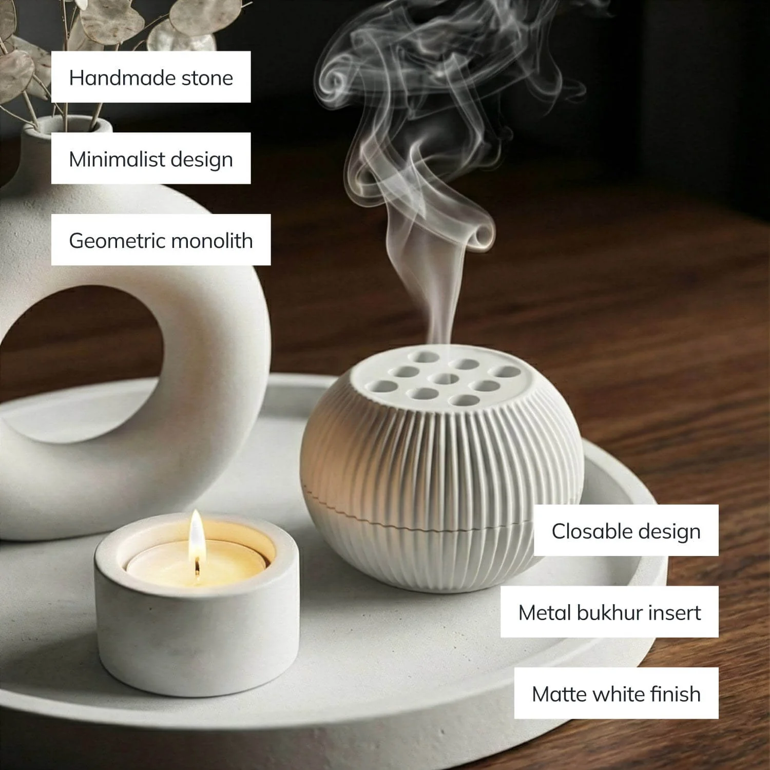 Modern Minimalist 2-Piece Stone Incense Burner – Closable Geometric Mabkhara - Image 6