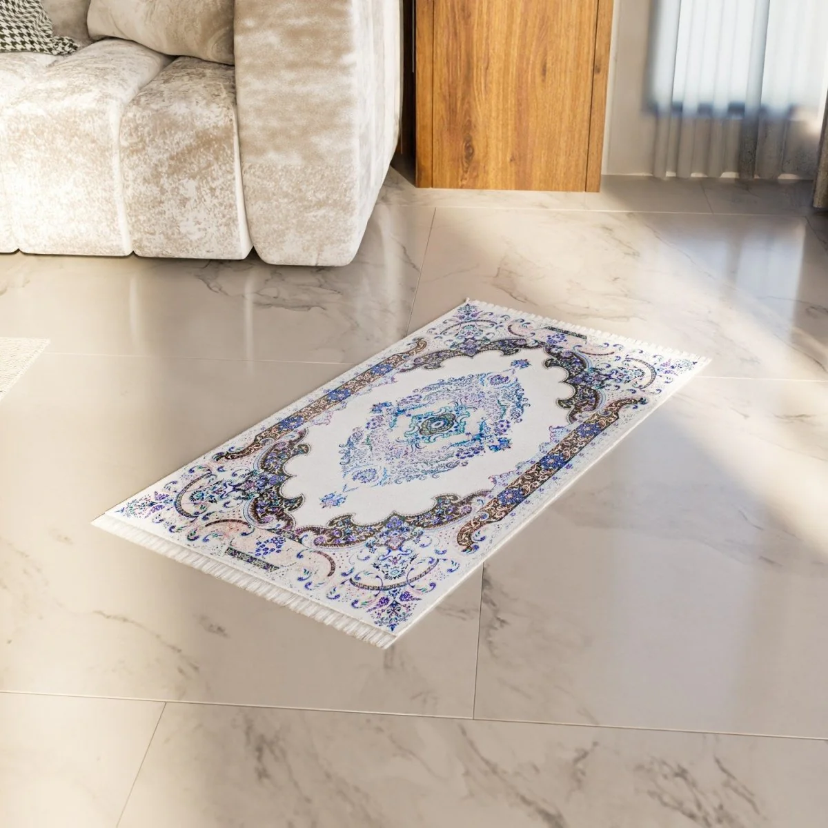 Muslim Prayer Mat - White & Blue Diamond Design - Image 3