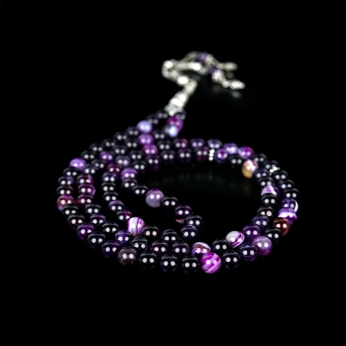Muslim Prayer Beads - Purple & Black Agate Stone Beads Misbaha