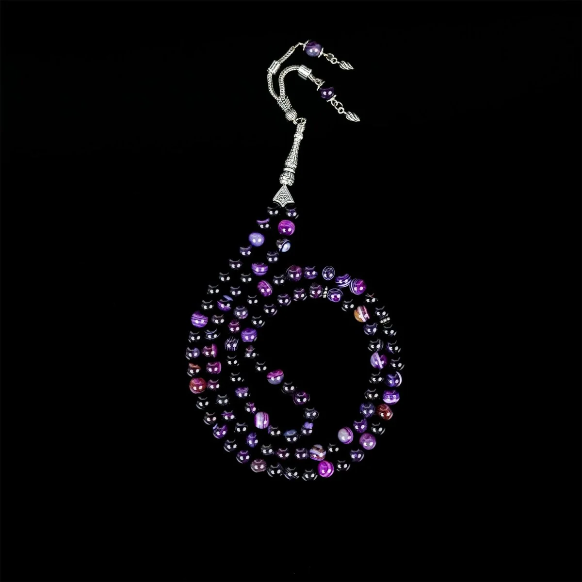 Muslim Prayer Beads - Purple & Black Agate Stone Beads Misbaha - Image 6