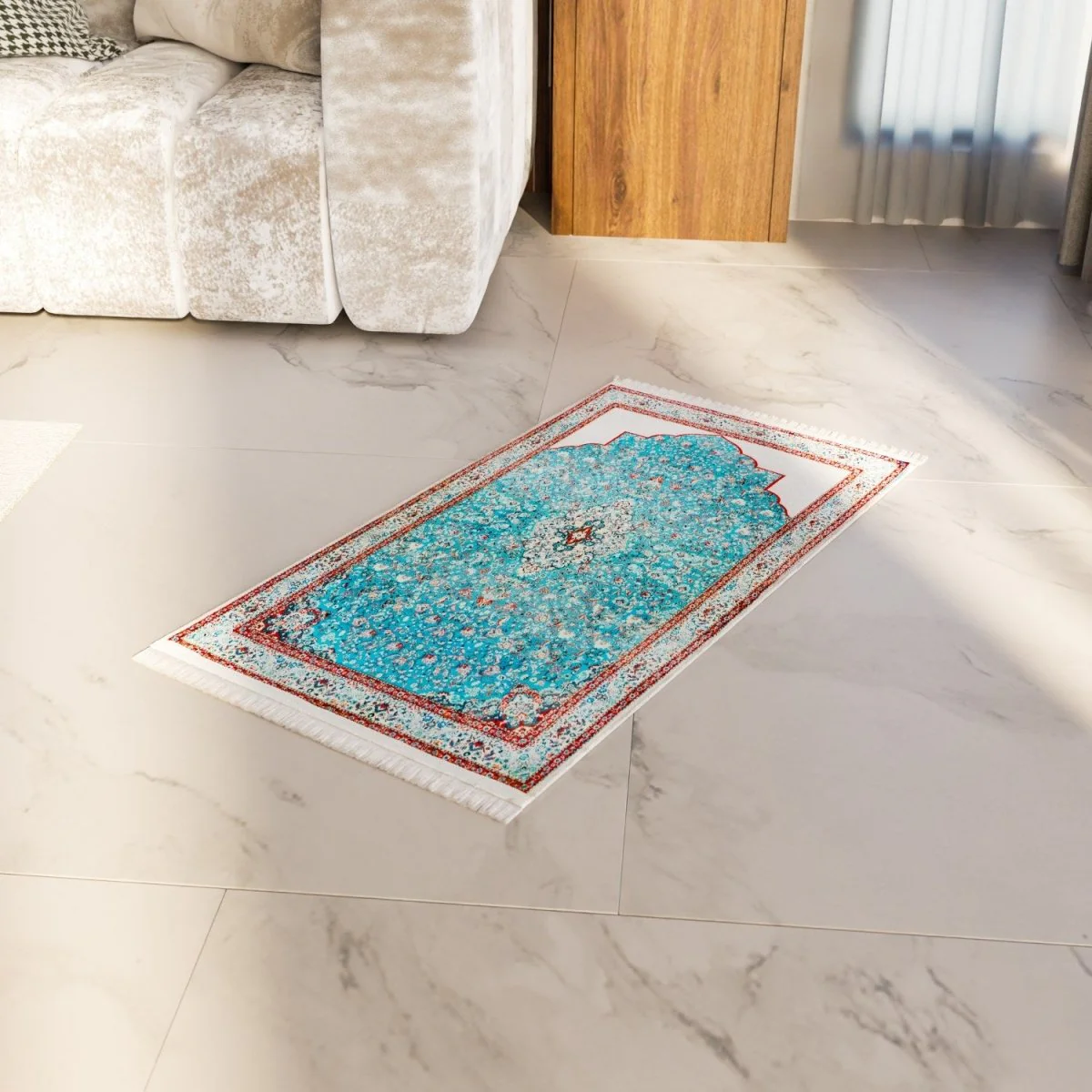 Prayer Carpet - Turquoise & Red Floral Motifs, Muslim Prayer Mat - Image 3