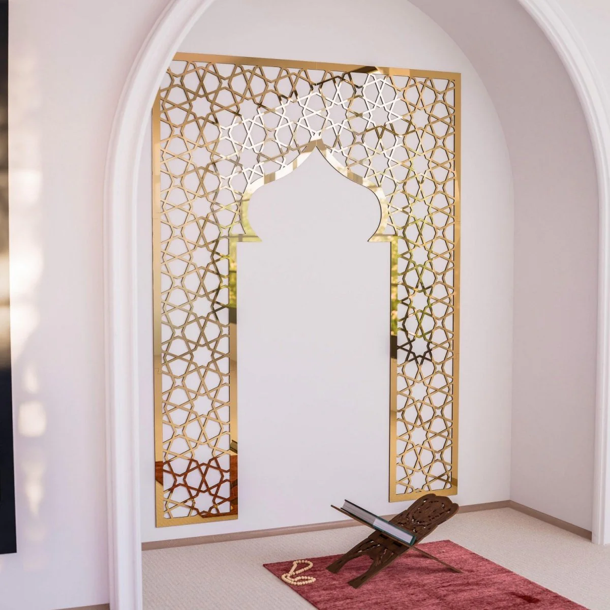 Prayer Room Decor - Wooden Mihrab with Geometric Design | Islamic Home Arts - Image 11