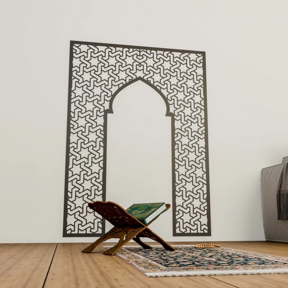 Prayer Room Decor Wooden Mihrab - Islamic Wall Art | 6-Pointed Star Motif - Image 2
