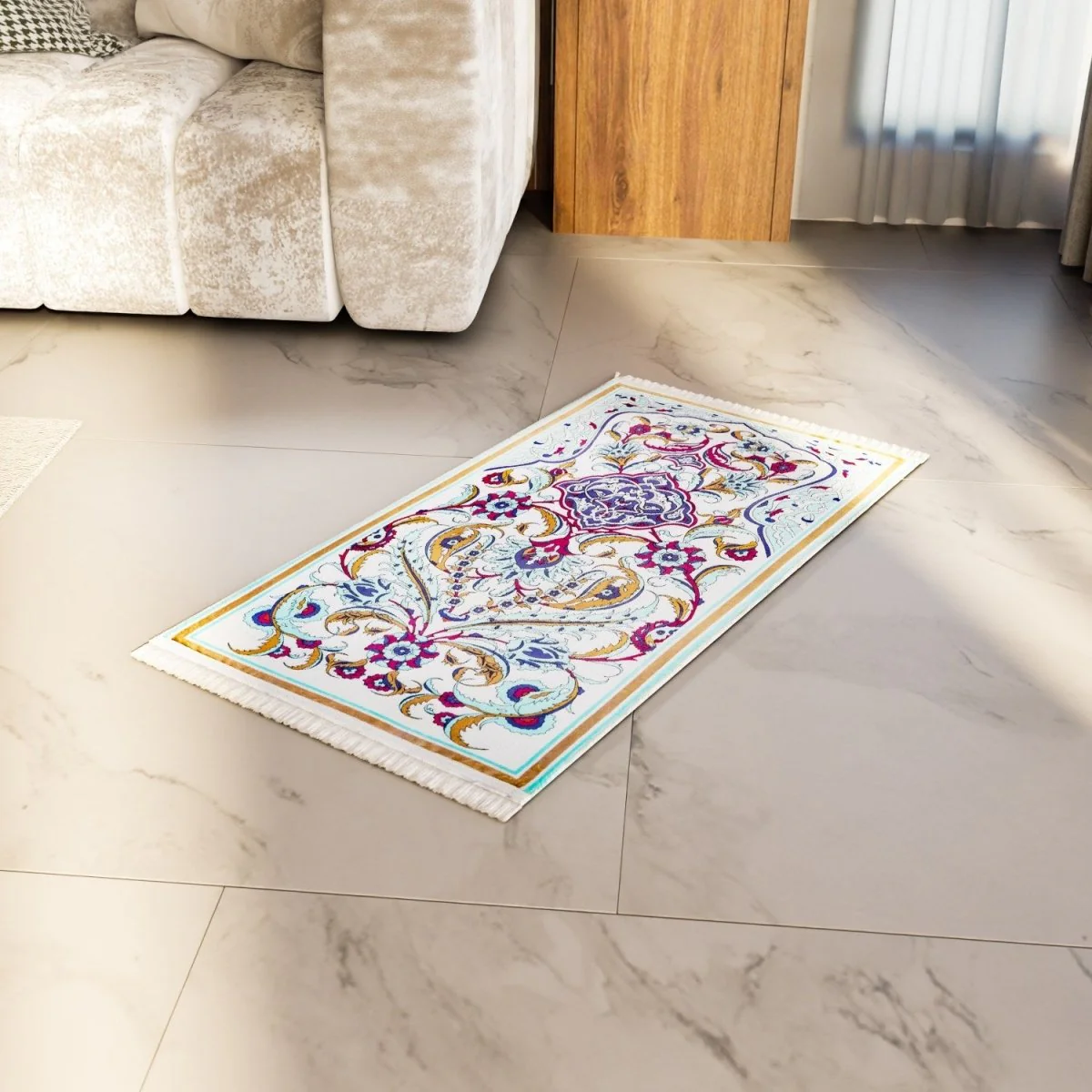 Praying Rug Islam - Pastel Floral & Aqua Details Muslim Praying Rug - Image 3