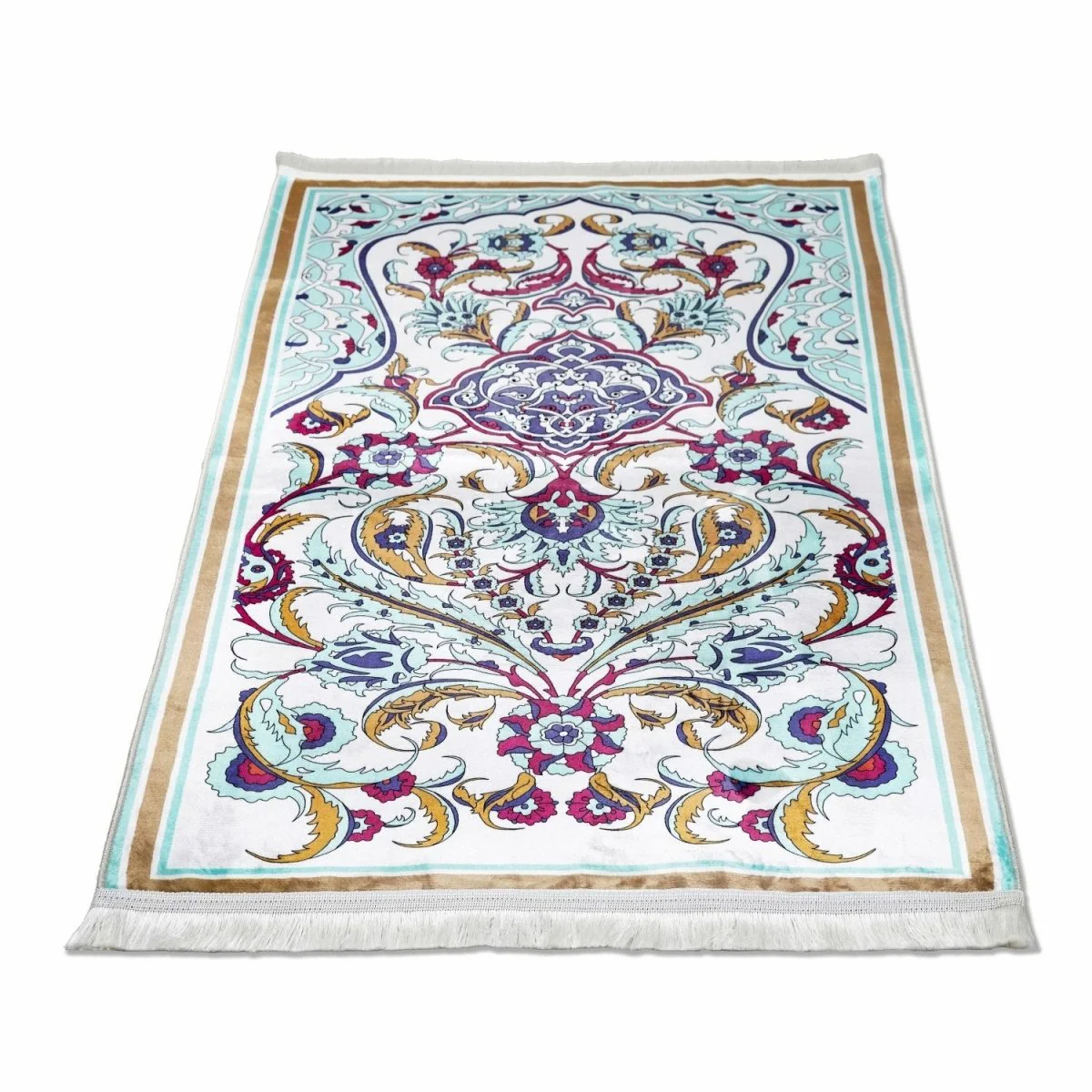 Praying Rug Islam - Pastel Floral & Aqua Details Muslim Praying Rug - Image 4