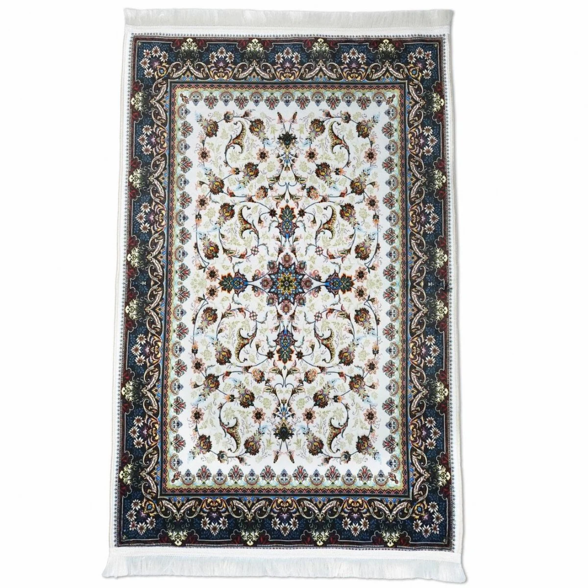 Praying Rug Islam - White & Navy Floral Patterns Islamic Prayer Mat