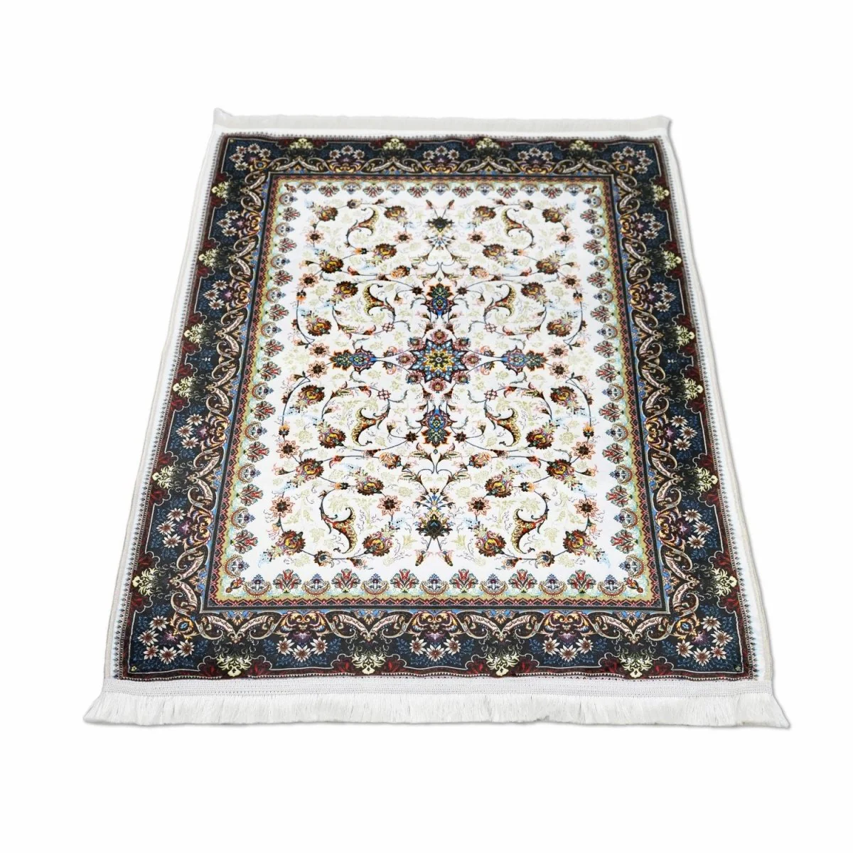 Praying Rug Islam - White & Navy Floral Patterns Islamic Prayer Mat - Image 4