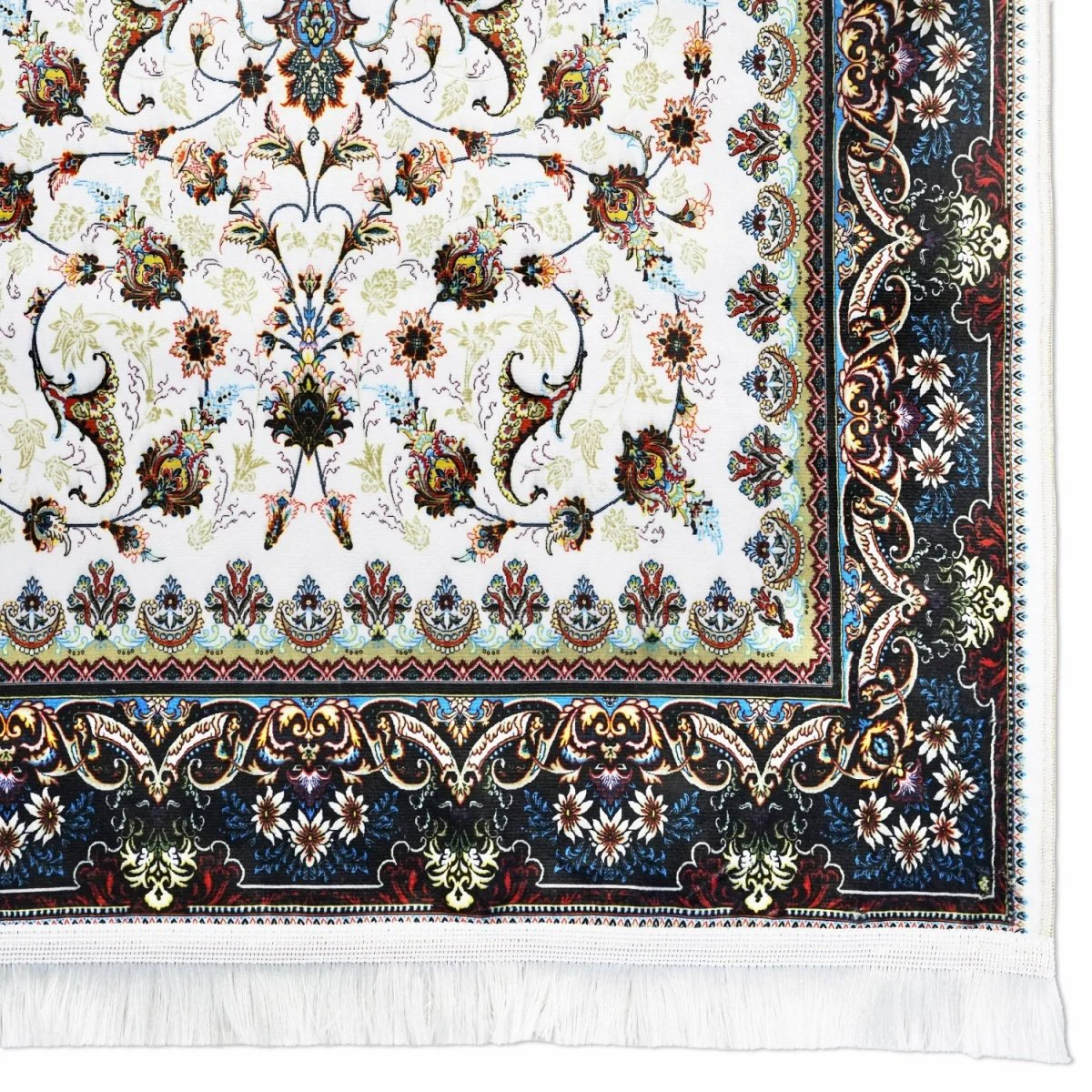 Praying Rug Islam - White & Navy Floral Patterns Islamic Prayer Mat - Image 6