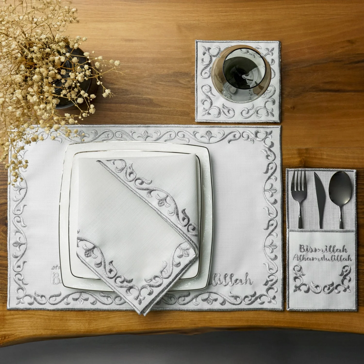 Ramadan Dining Set with Bismillah & Alhamdulillah Placemat Set for 6 Persons 24 Piece Set - Image 2